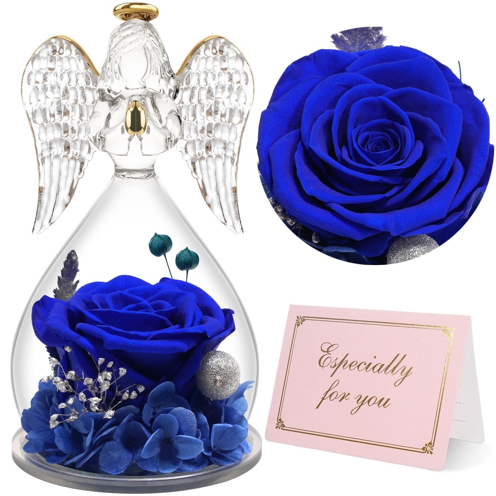 Angel Figurine Gift, Real Preserved Rose, Mom Birthday, Mothers Day, Blue