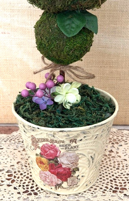 VINTAGE TIN POT TRIPLE MOSS-BALL TOPIARY TREE COTTAGECORE SHABBY CHIC DECOR