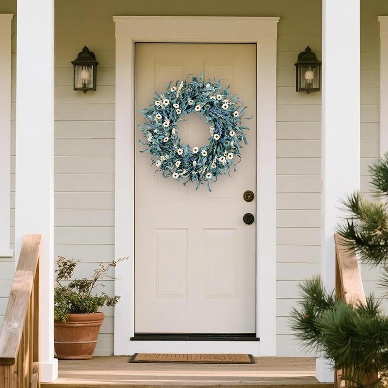 Rustic Flower Wreath Blue Daisy Eucalyptus Wheat Front Door Decor Seasonal Charm