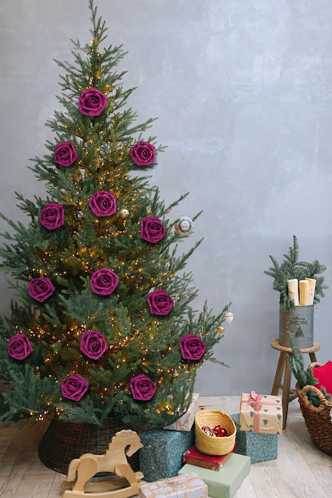 25-Piece Glitter Roses Deep Pink Foam with Stems for Wedding Party Decor