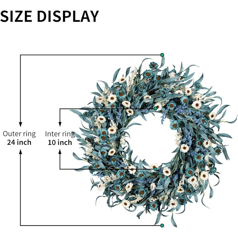 Rustic Flower Wreath Blue Daisy Eucalyptus Wheat Front Door Decor Seasonal Charm