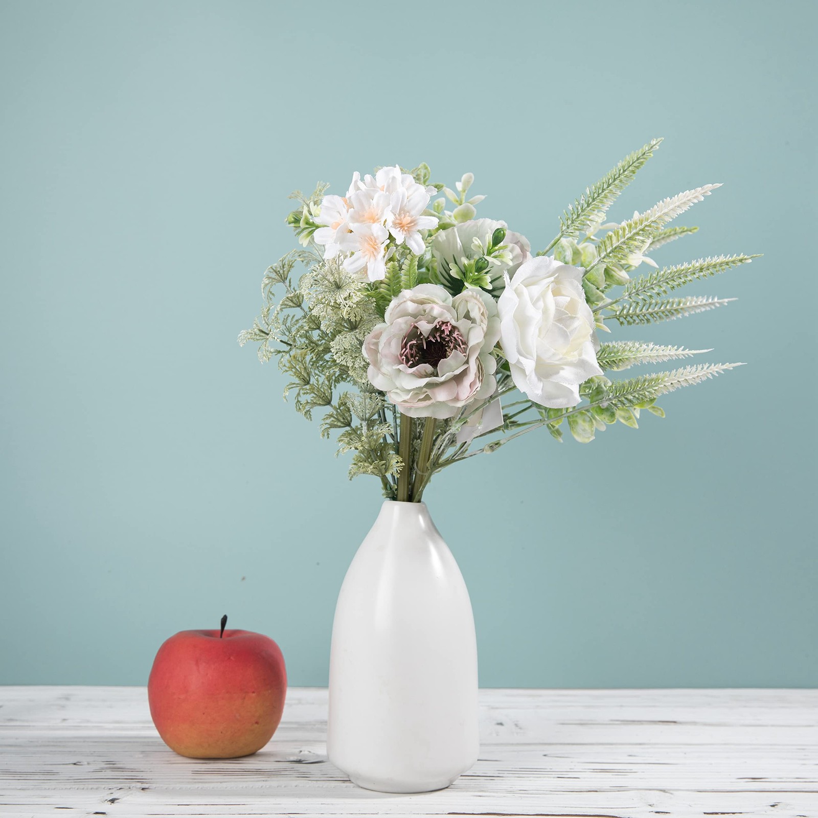 White Green Artificial Flower Bouquet Faux Rose Home Table Centerpiece