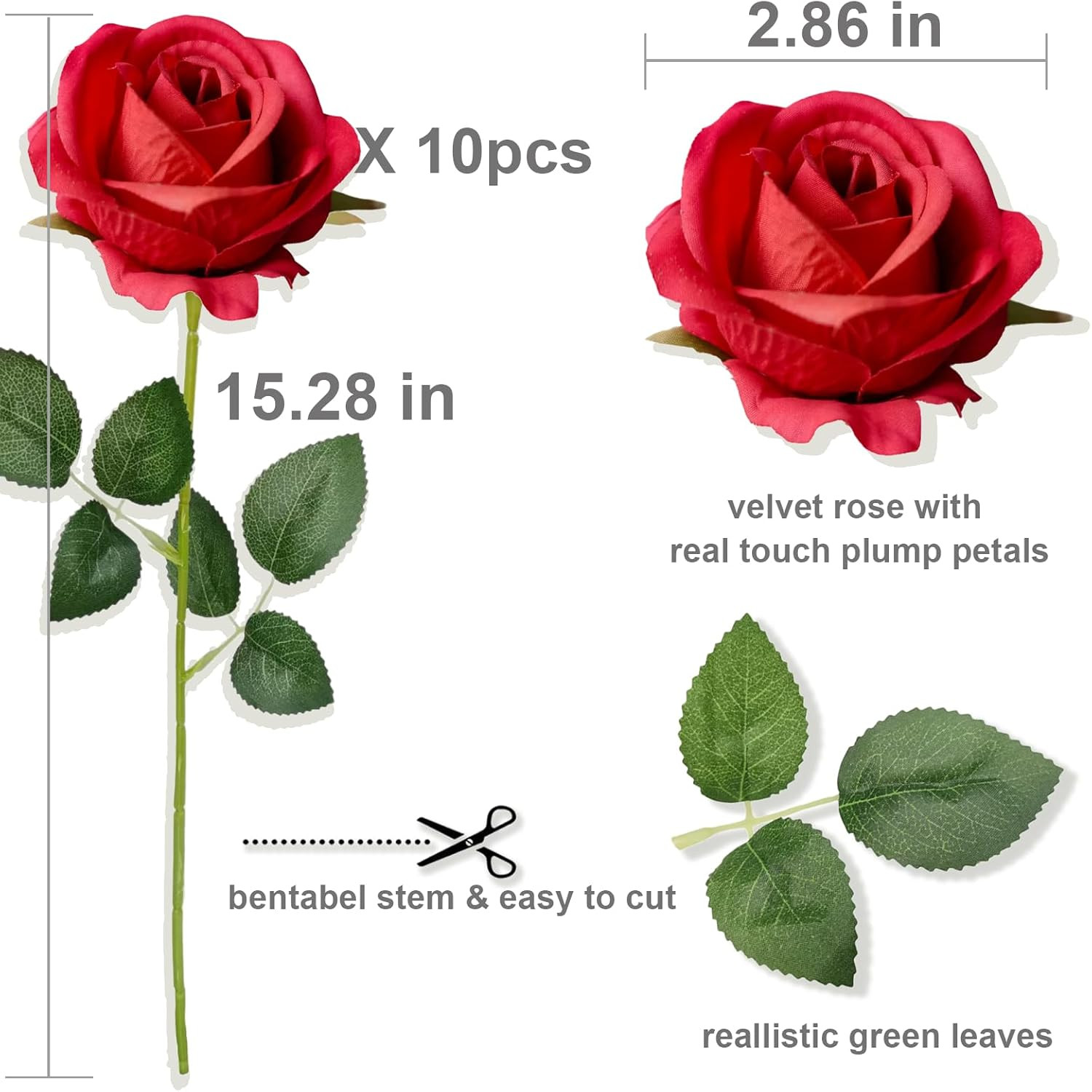 12PCS Fake Red Roses Artificial Red Flowers Bulk, Silk Faux Roses with Stems for