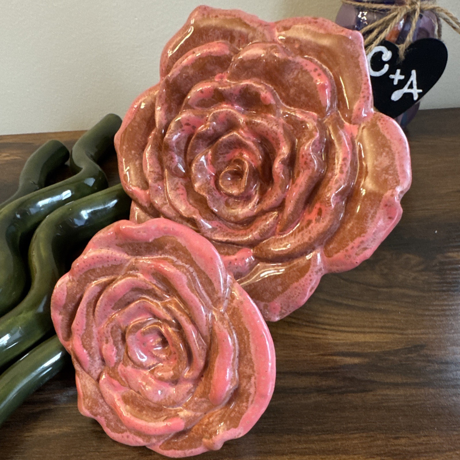 Stoneware Ceramic Rose Flowers & Stems – Handmade Glazed Pink – Set of 4