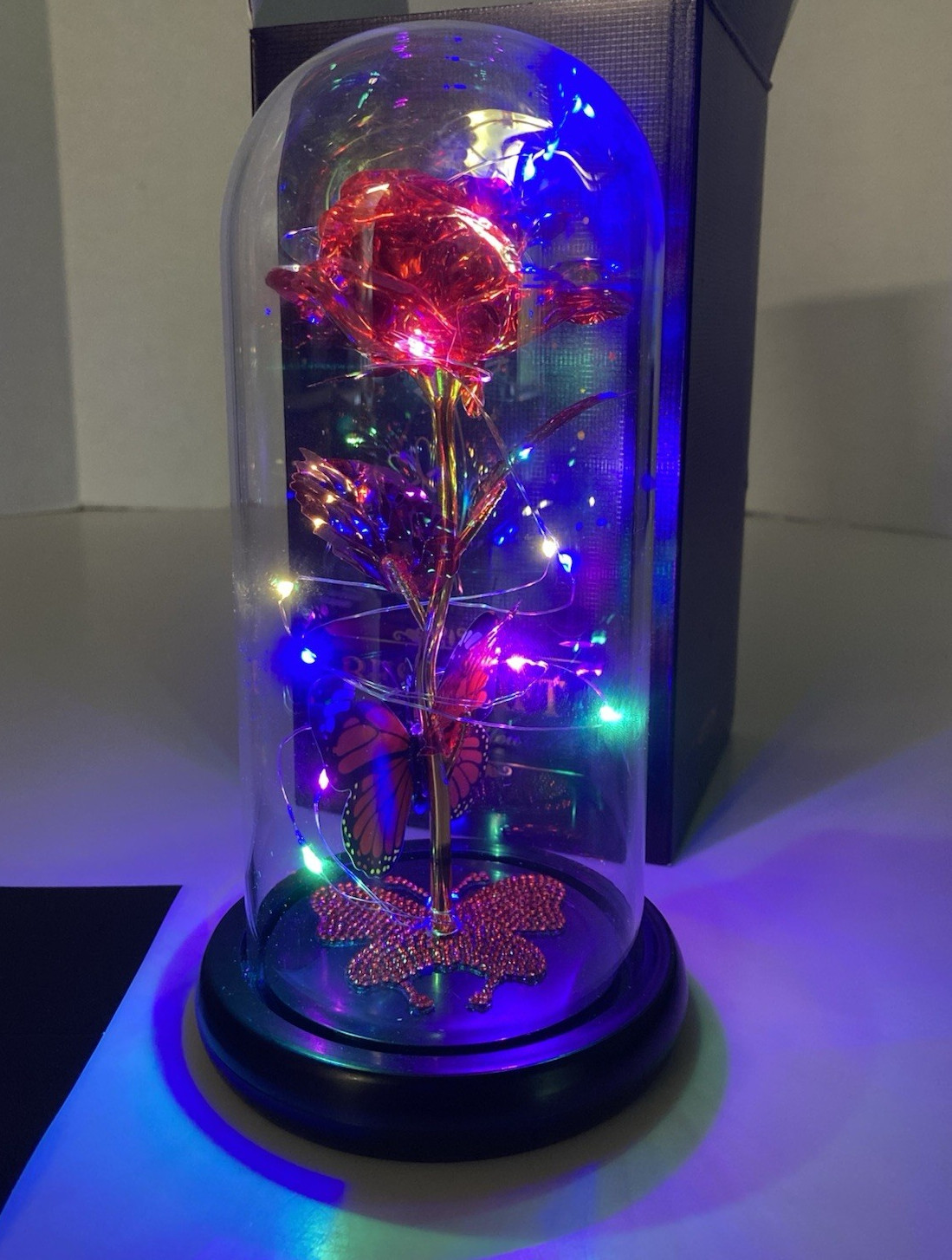 Lighted Flower & Butterfly Display Best Gift For You LED Glass Dome Red Rose New
