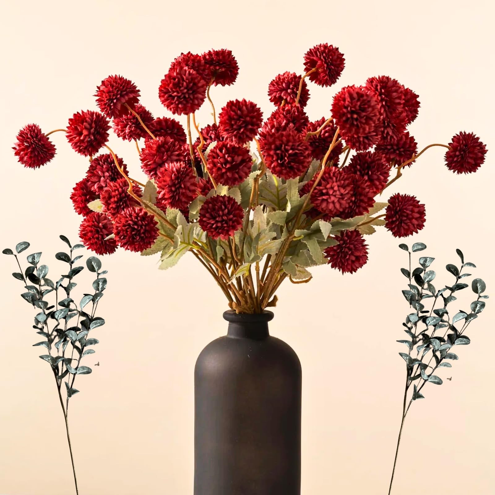 RyddeligHome Faux Red Flowers Artificial 10 Long Stems + Eucalyptus, Burgundy…