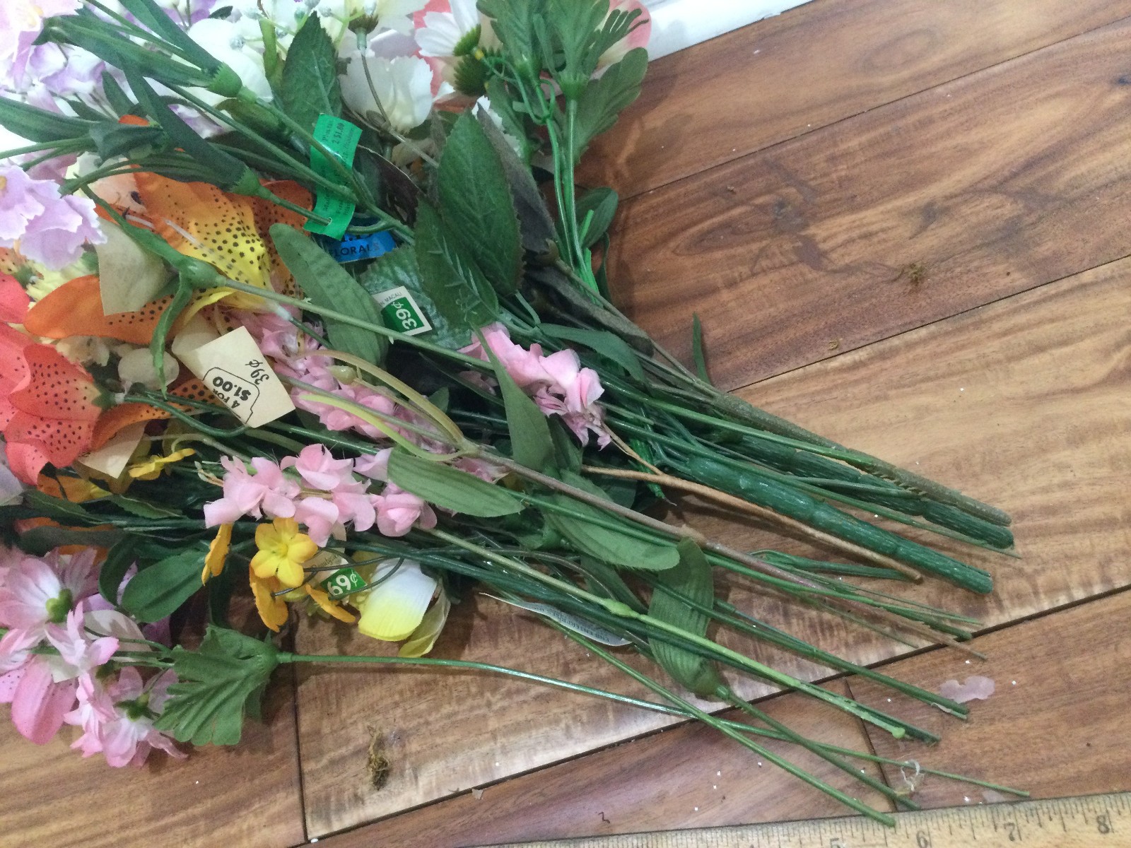 vintage floral arrangement faux flowers silk in a pedestal glass lilies pink