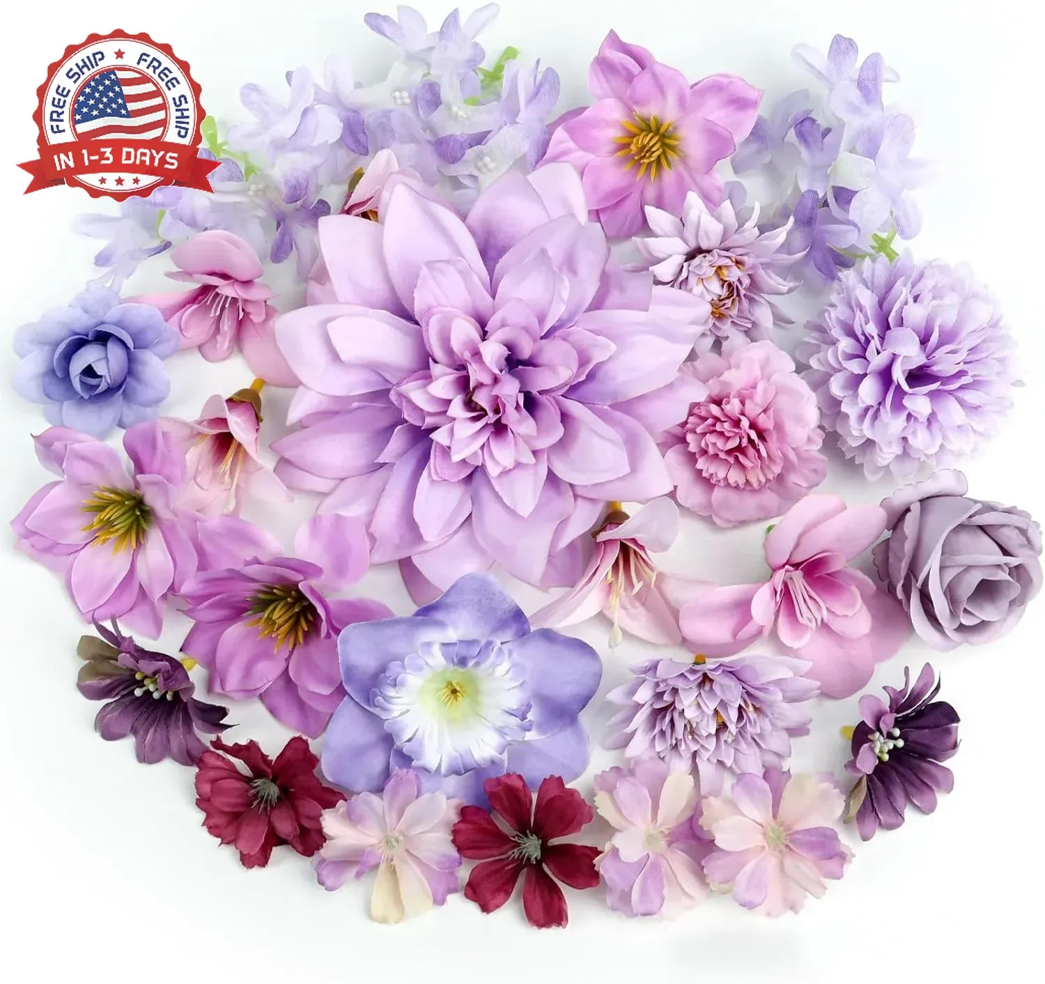 QUOZUO Artificial Flower Heads, Mini Silk Roses Peonies Daisy Purple Floral Fake