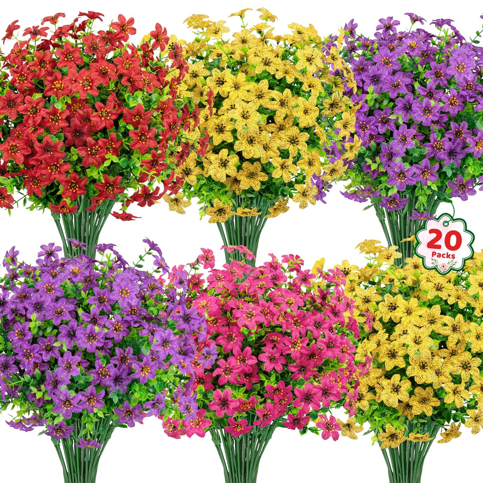 20 Bundles Artificial Flowers for Outdoors, Fake Silk Flowers UV Mixed Color