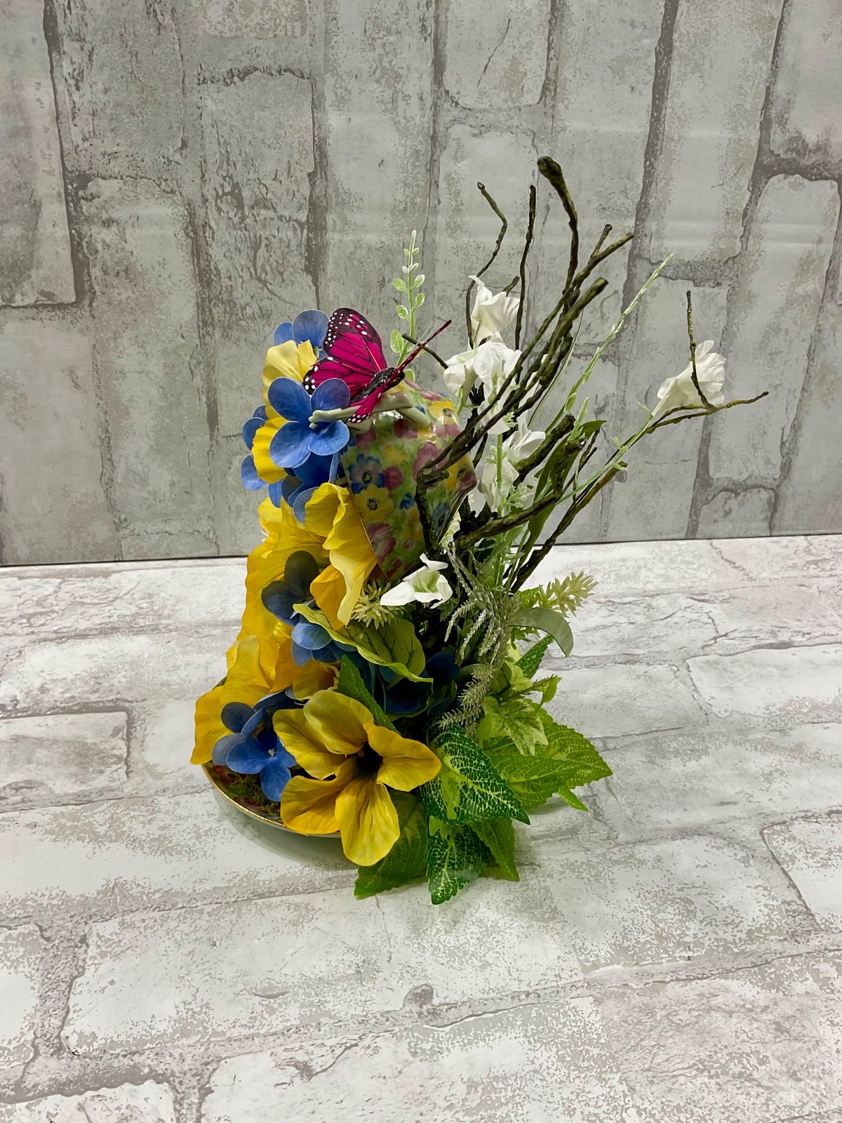 Yellow Petunia Floating Teacup Fine China Floral Arrangment