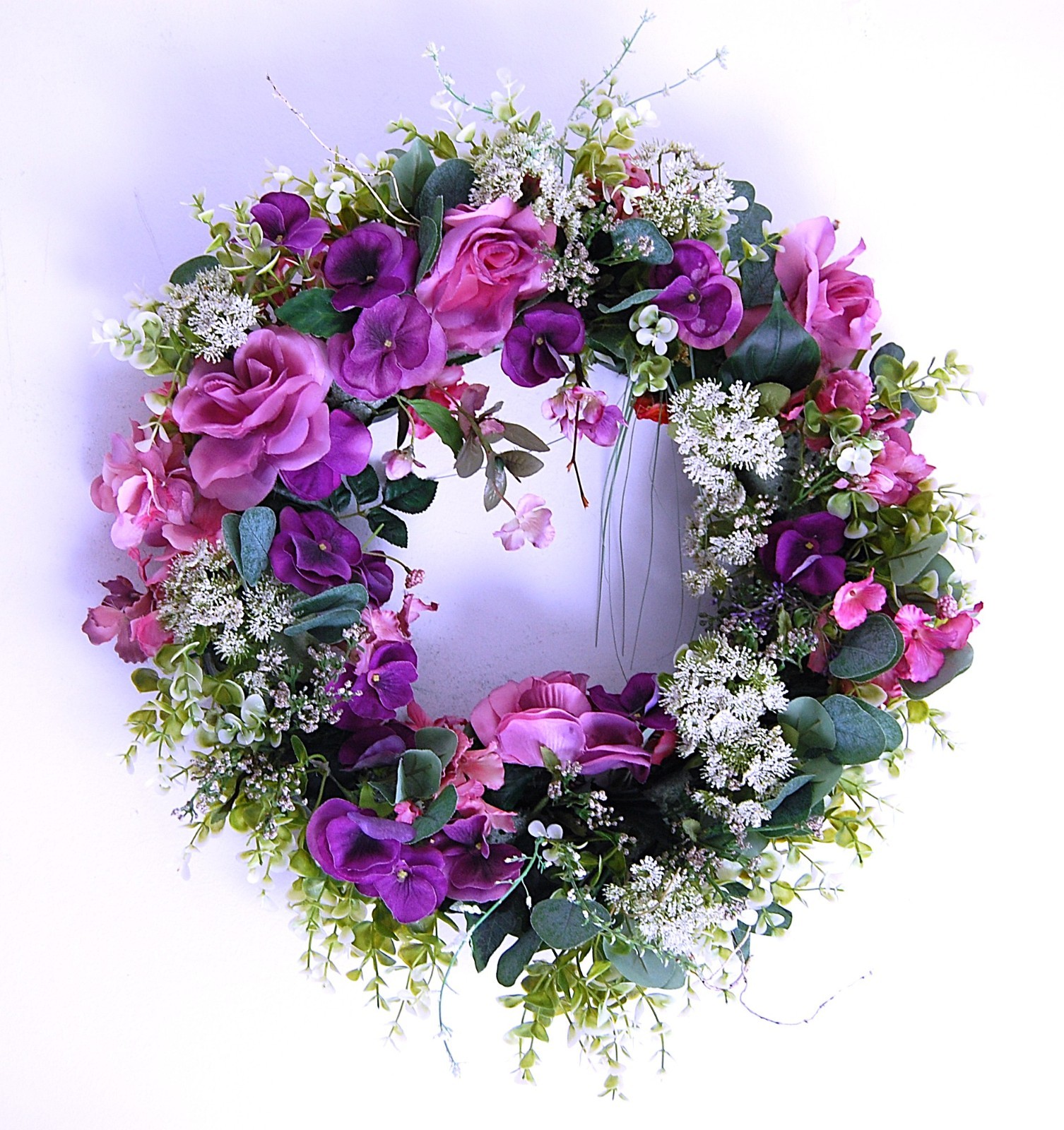 Queen Anne’s Lace Roses and Pansies Silk Floral Wreath- JaNice Botanicals