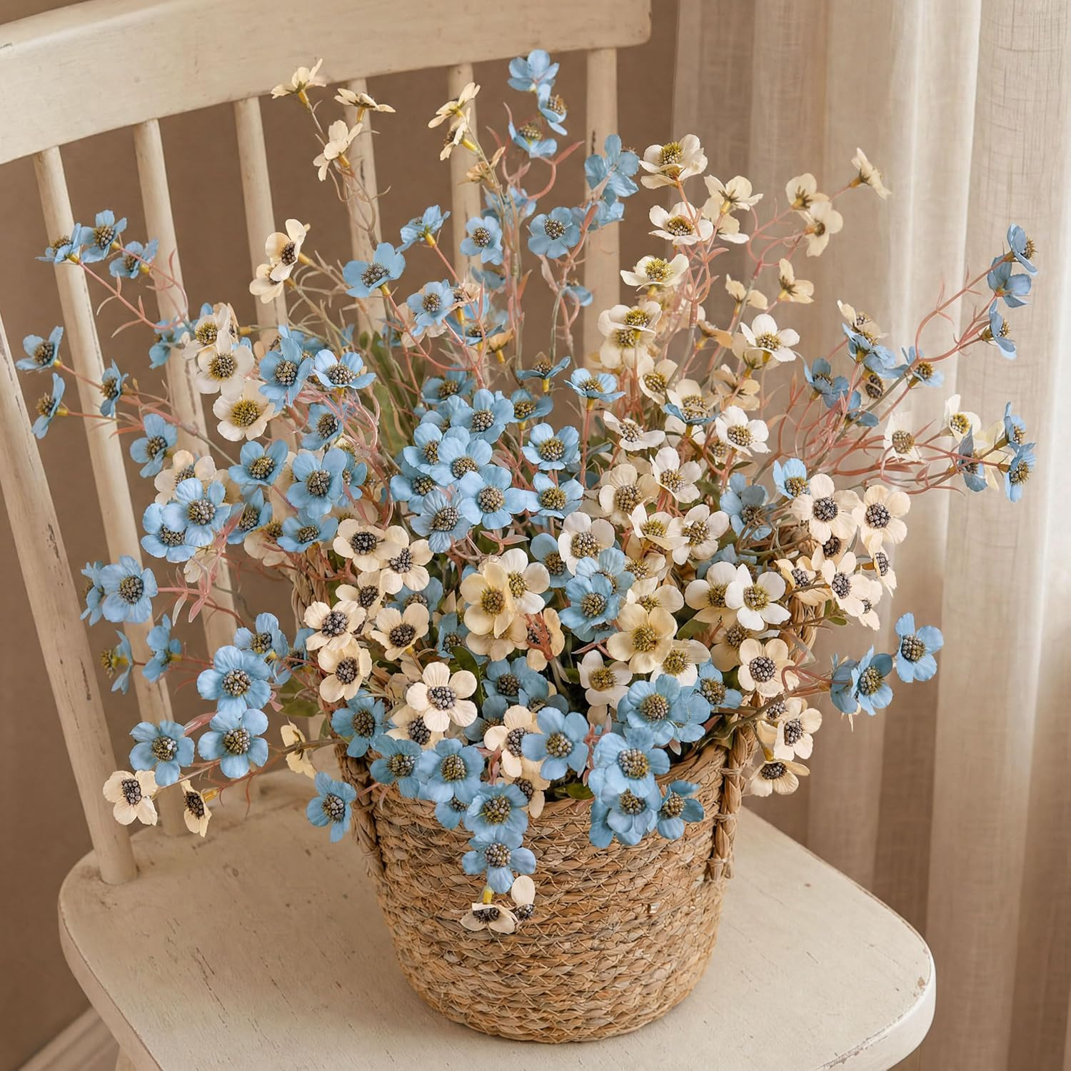 12 Pcs Artificial Wild Flowers – Blue Ivory Silk Faux Floral Decor for Home