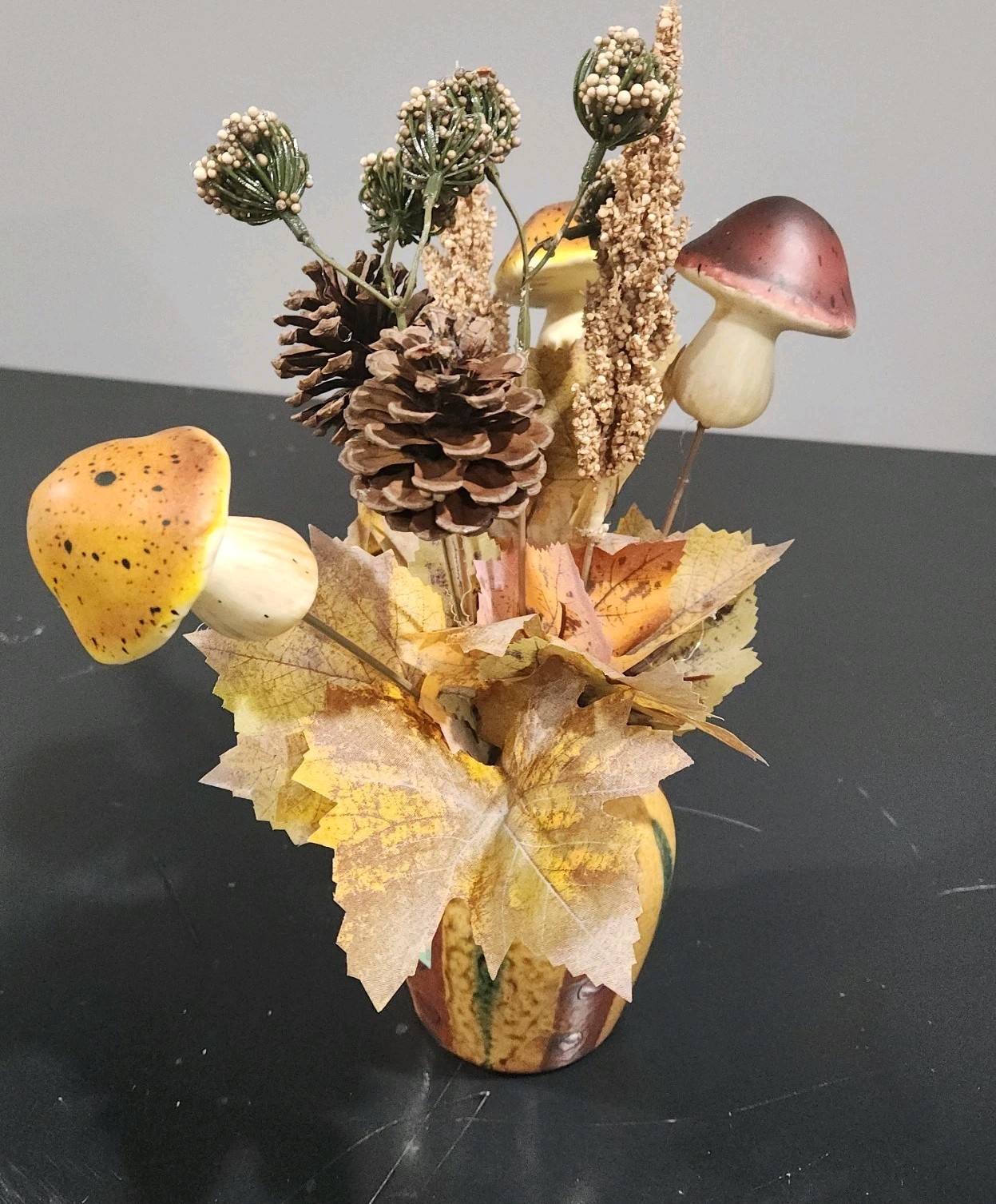 Vtg Vase Creamer Pottery Faux Retro Floral Arrangement Cones Mushroom Fall 12″