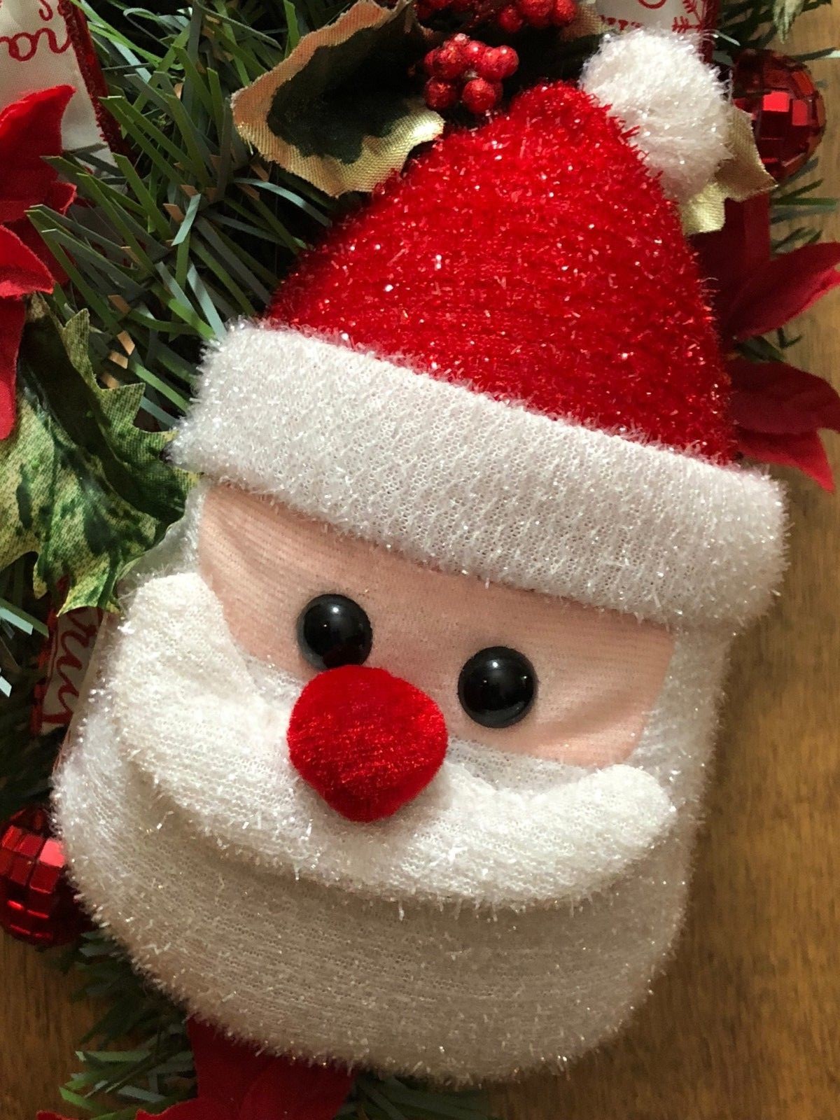 Christmas Tear Drop Door Swag Wreath Santa Poinsettia Red Bow Holly berries