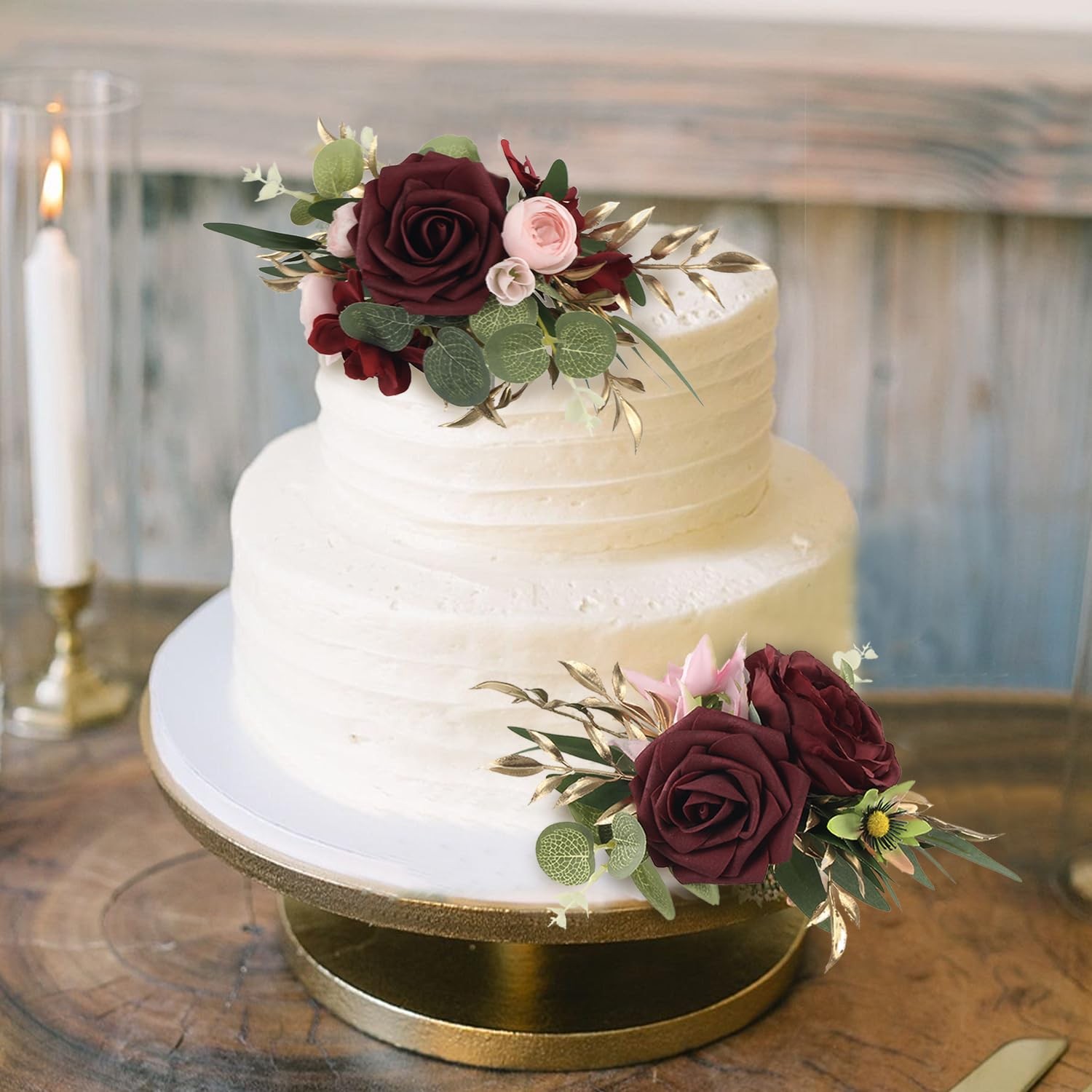 Premade Burgundy Flowers Cake Toppers Wedding Birthday Baby Shower Decor 3 PCS