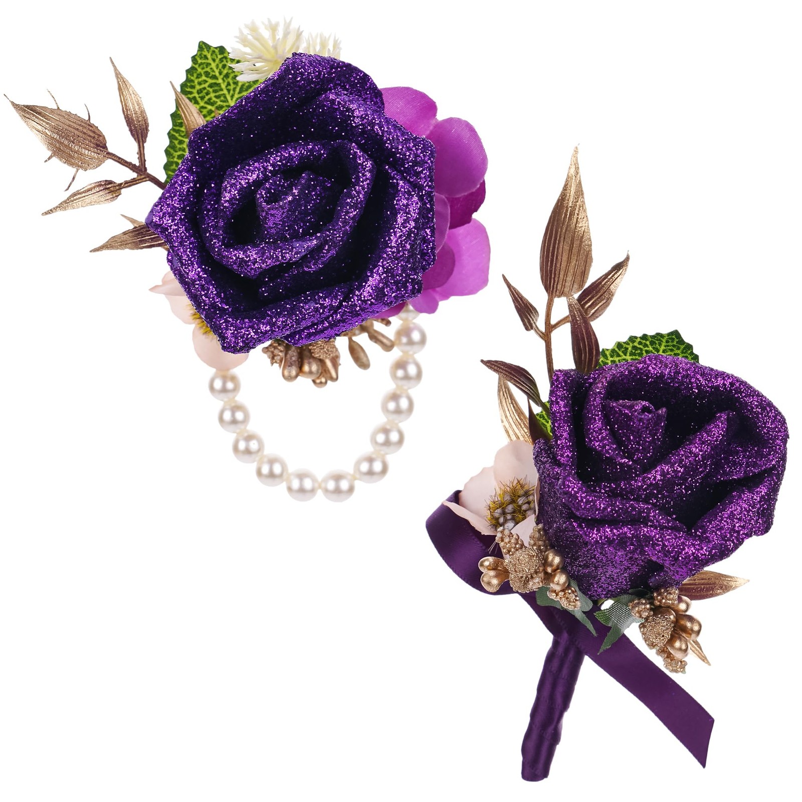 Purple Rose Boutonniere and Corsage Set – 2 Pcs Artificial Flowers Wrist Cors…