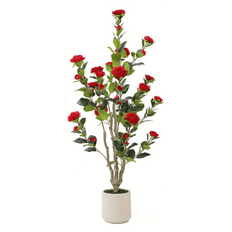 1Pc 4FT Tall Artificial Red Camellia Potted Plant Faux Plant Red Flower Outdoor