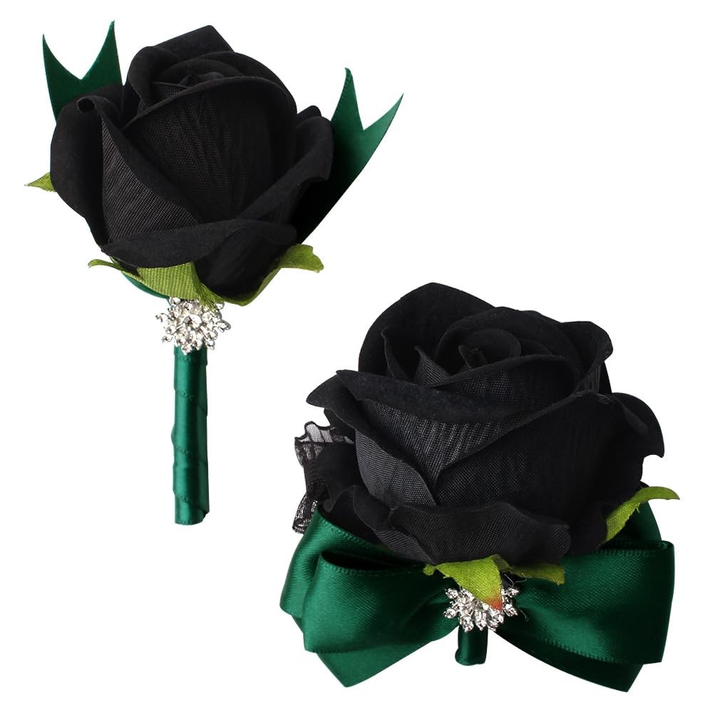 Black Rose Wrist Corsage and Boutonniere Set for Weddings and Events