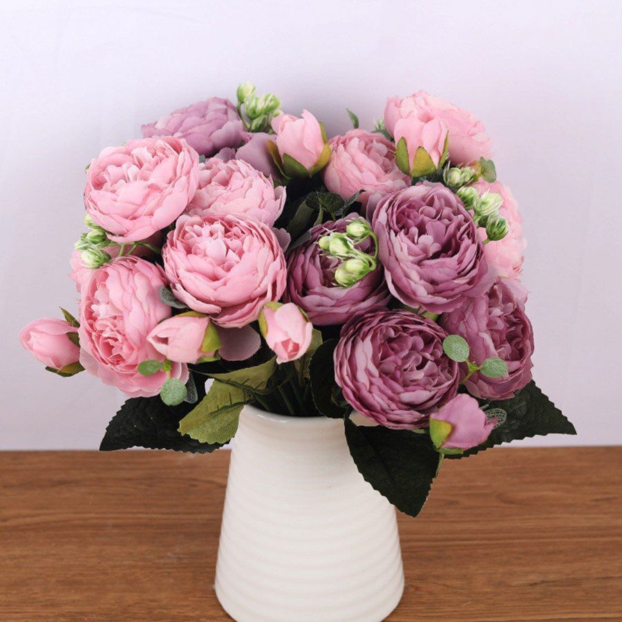 30cm Silk Rose Peony Artificial Flower Bouquet 5 Big Head 4 Small Bud Home Decor