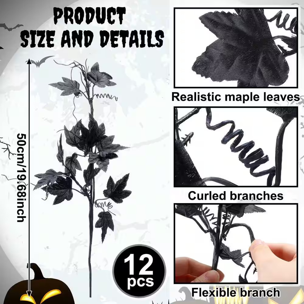 12 Pcs 19.7 In. Black Artificial Maple Leaf Branch Stem Halloween Gothic Floral