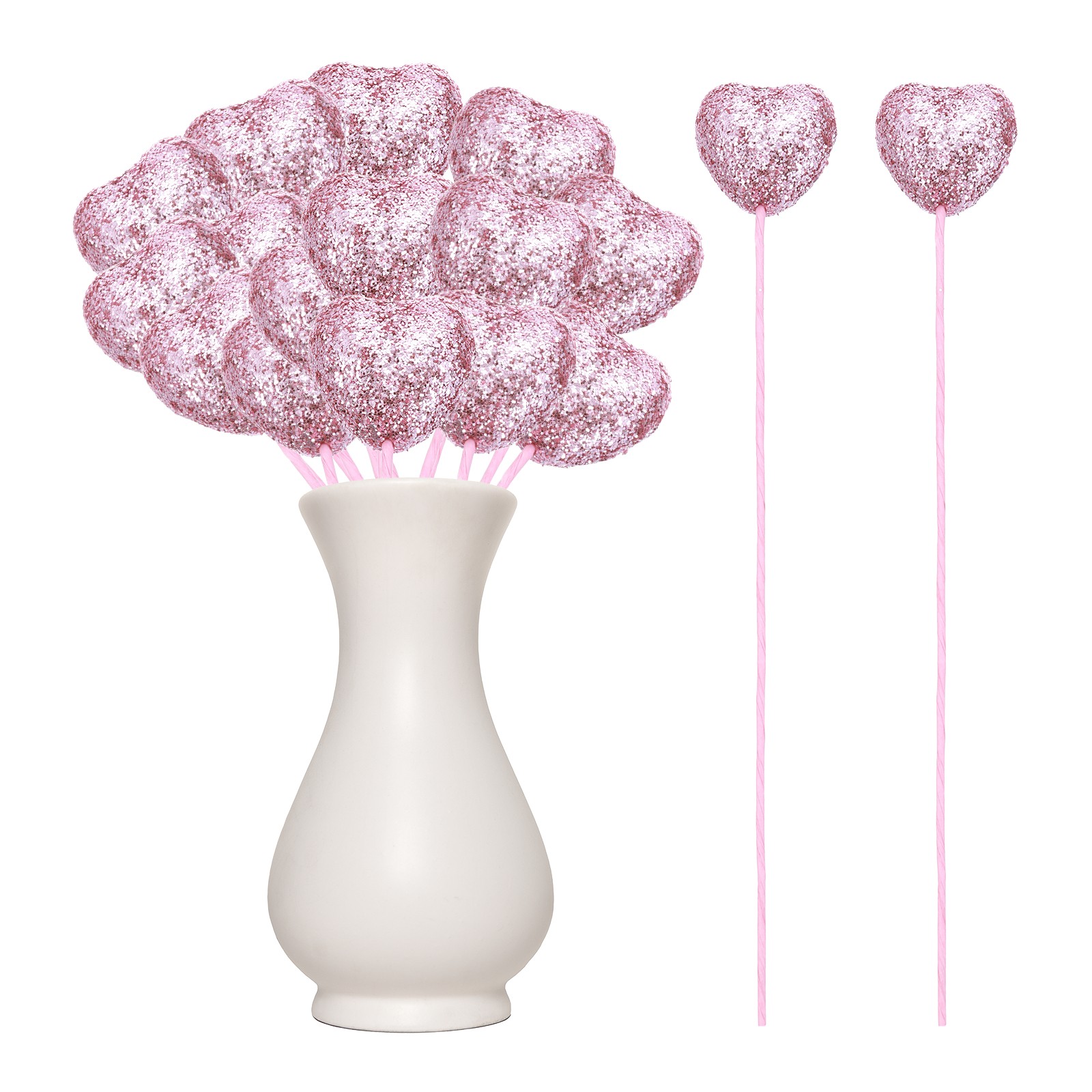 24 Pcs Glitter Heart Shaped Picks Puffy Foam Hearts Stick (Pink, 3cm x 21cm)