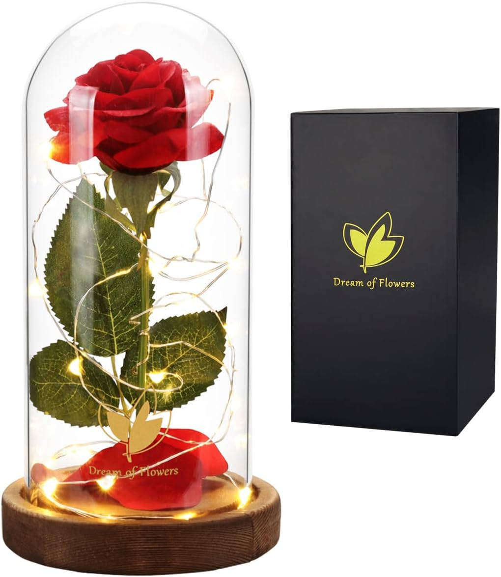 Valentines Day Gifts for Her Beauty and the Beast Rose,Red Rose in Glass Dome wi