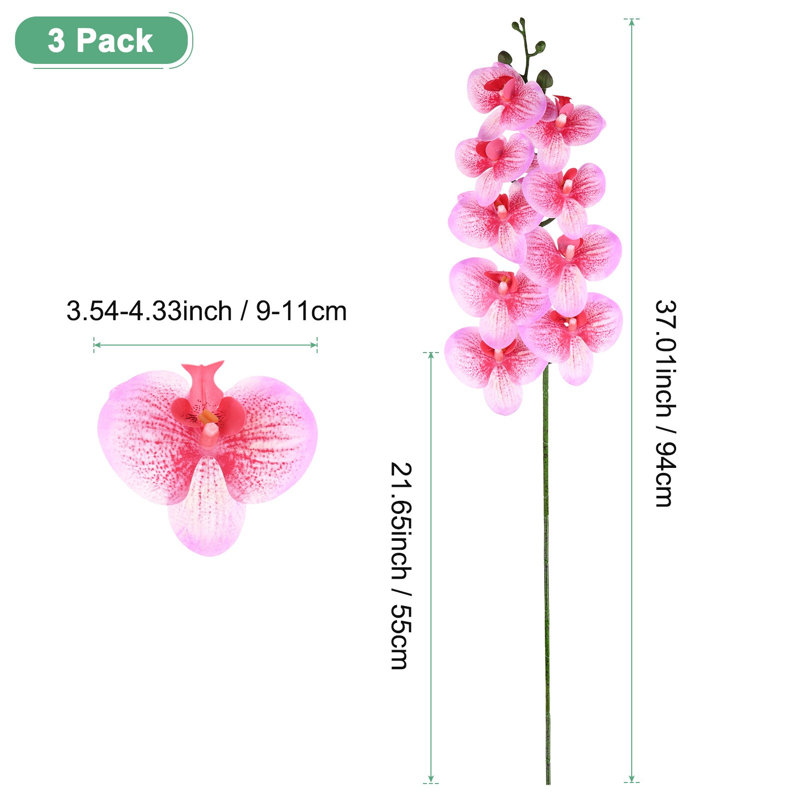 3-Pack Artificial Orchid Flowers 9 Large Petals for Home[Rose Red White]