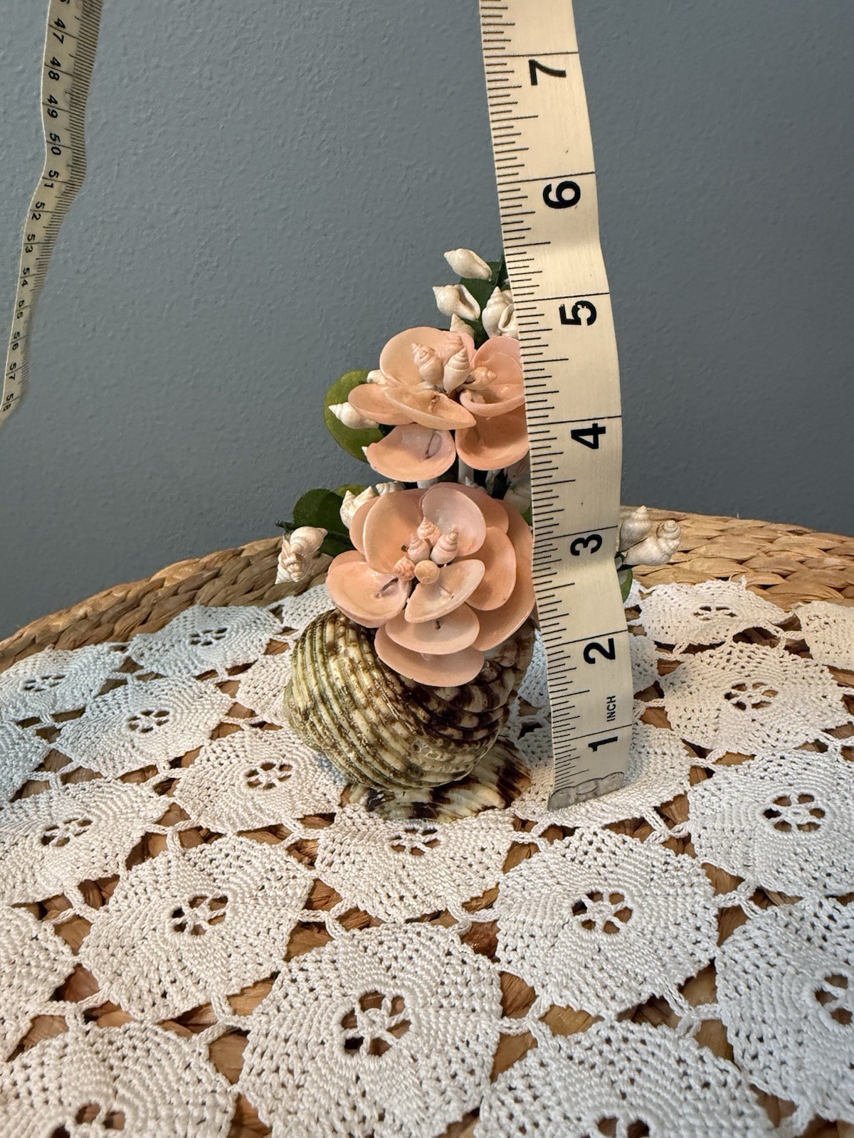 Vintage Pink Seashell Flower Arrangement Shell Art Floral Decor 6” Coastal Beach