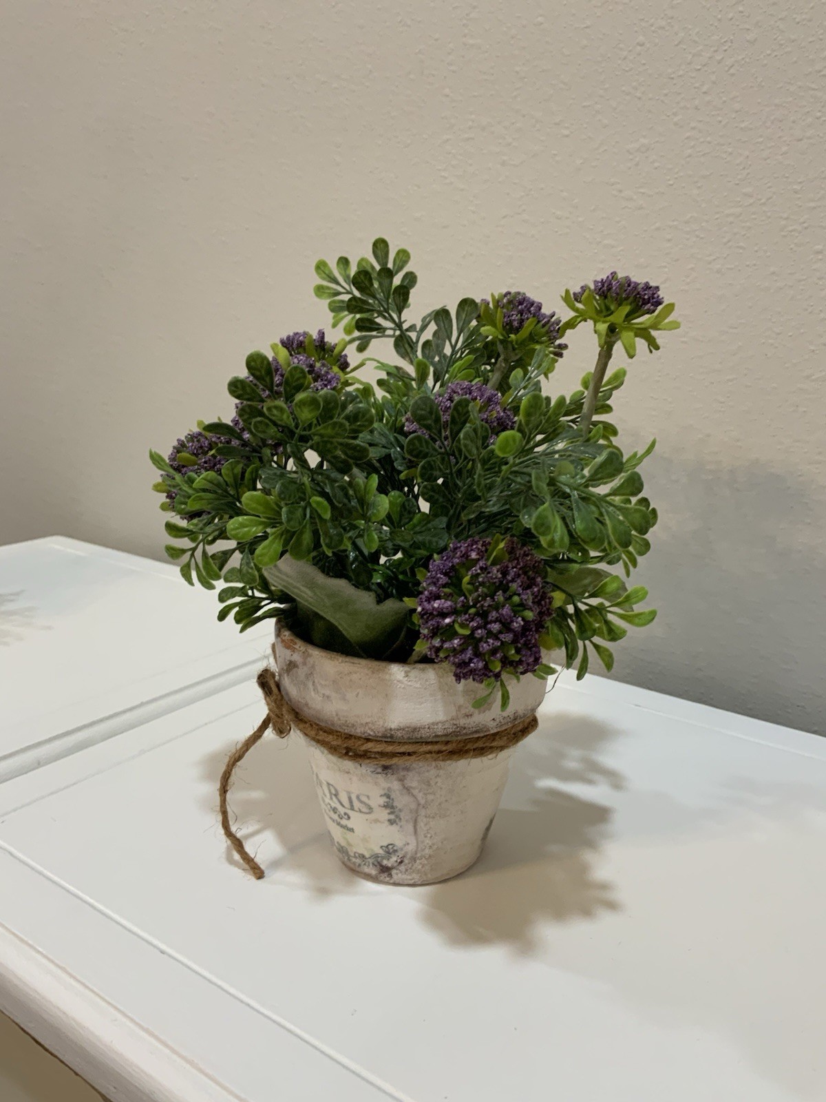 Distressed White Wash Terracotta Pot Paris Purple Flower Arrangement Bow