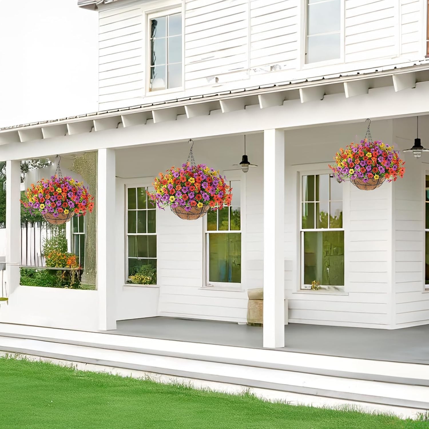 Artificial Faux Hanging Plants Flowers with Basket for Outdoor Outside Decora…