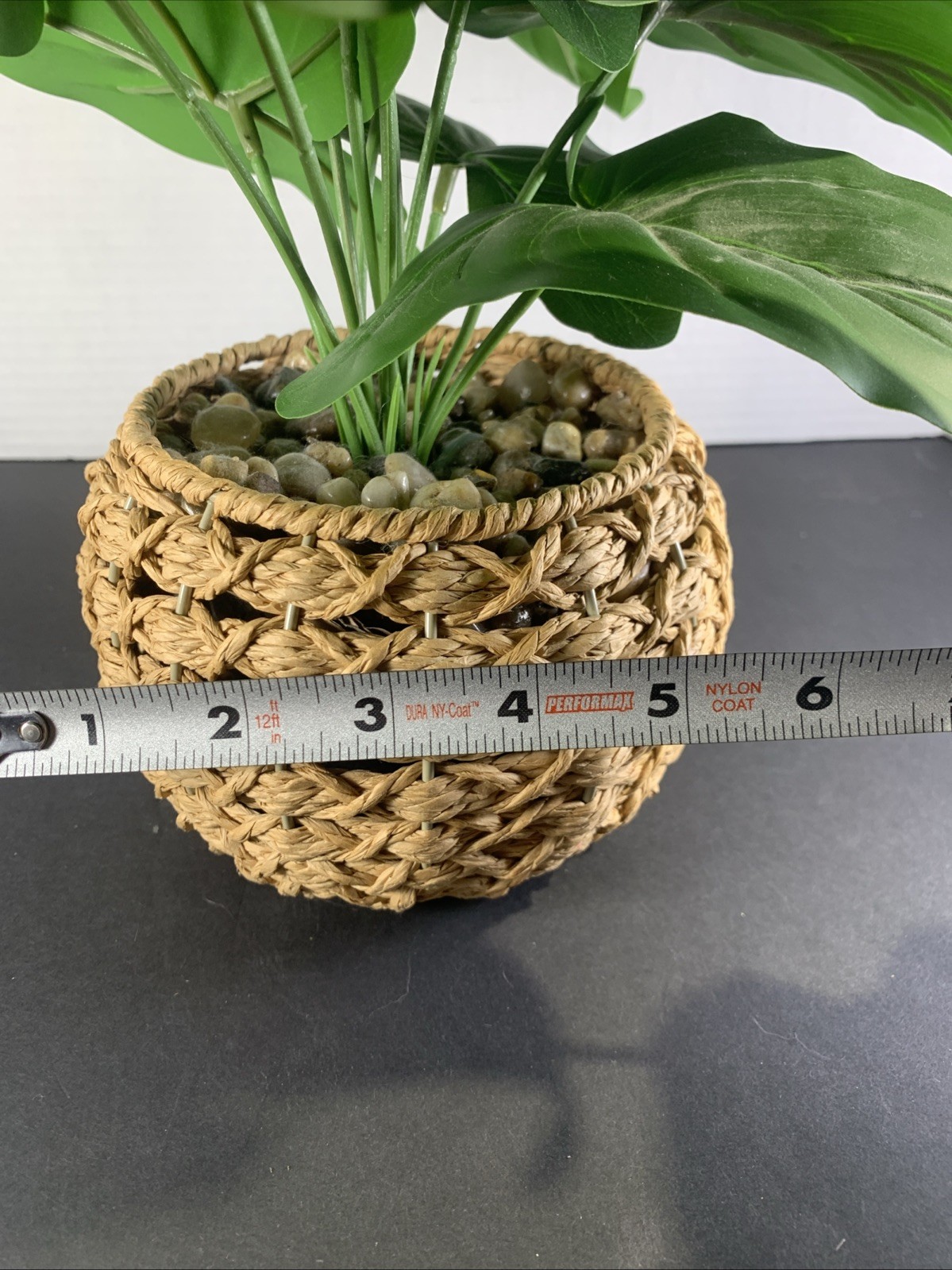 Faux Tropical Sweetheart Plant Seagrass Woven Planter Alocasia River Rock 12”
