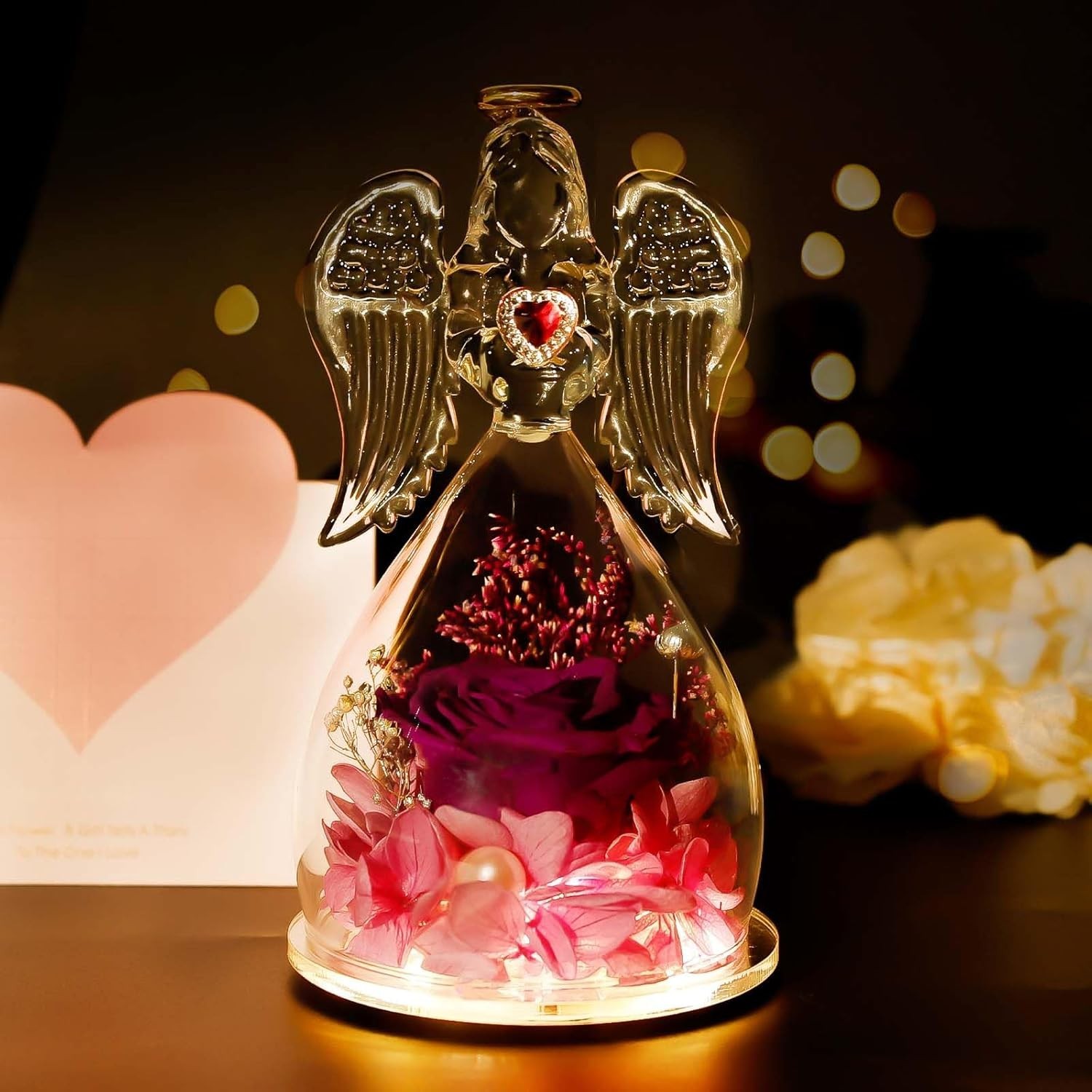 “Mothers Day Mom Gifts for Her,Preserved Flowers Rose in Glass Angel Figurines,B