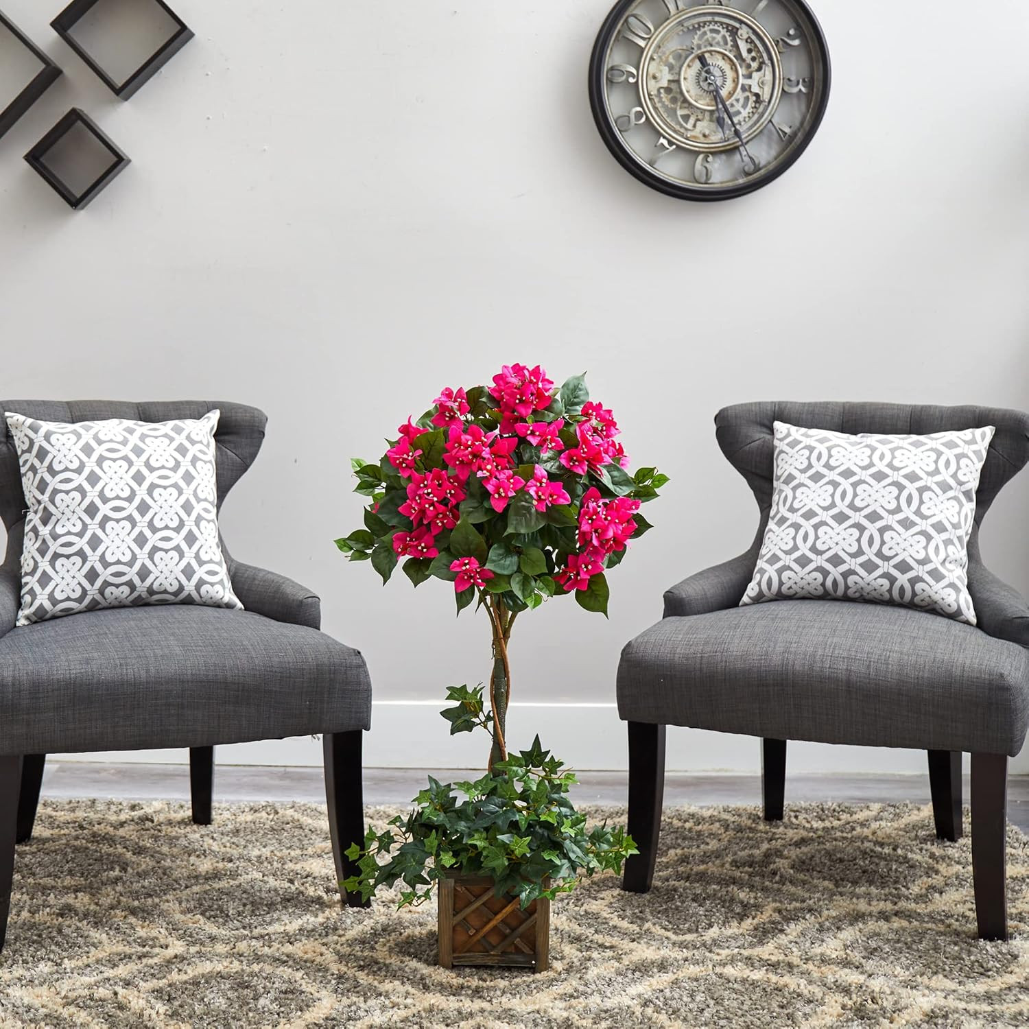 34″ Bougainvillea Topiary in Stylish Wood Box – Perfect Home Decor!