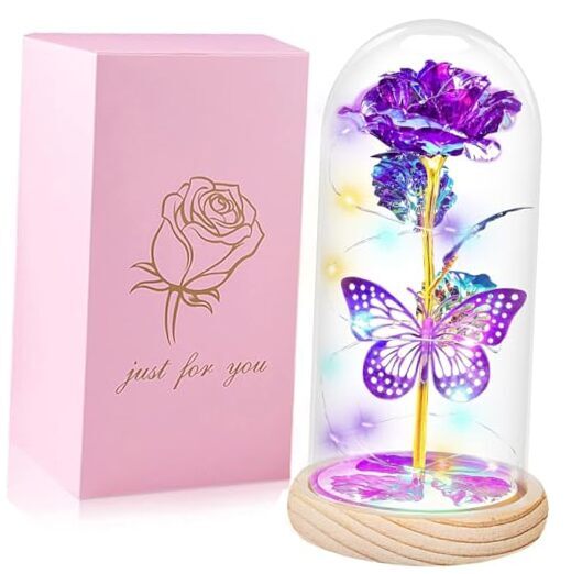 Mothers Day Glass Rose Light 01-purple Butterfly Flower Roses Gifts for Women