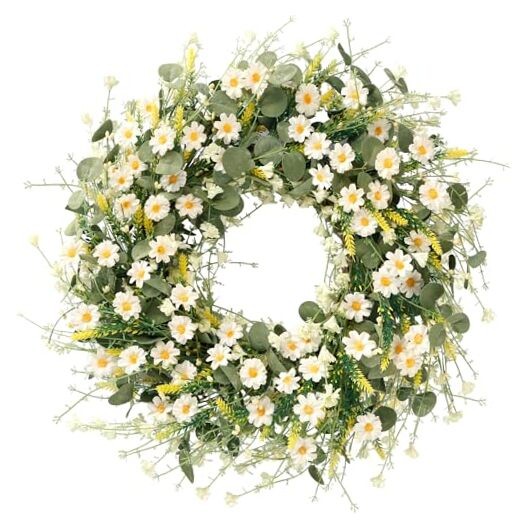 Daisy Wreath 24 Inch with Fake Silk Floral Green Eucalyptus Leaves and White