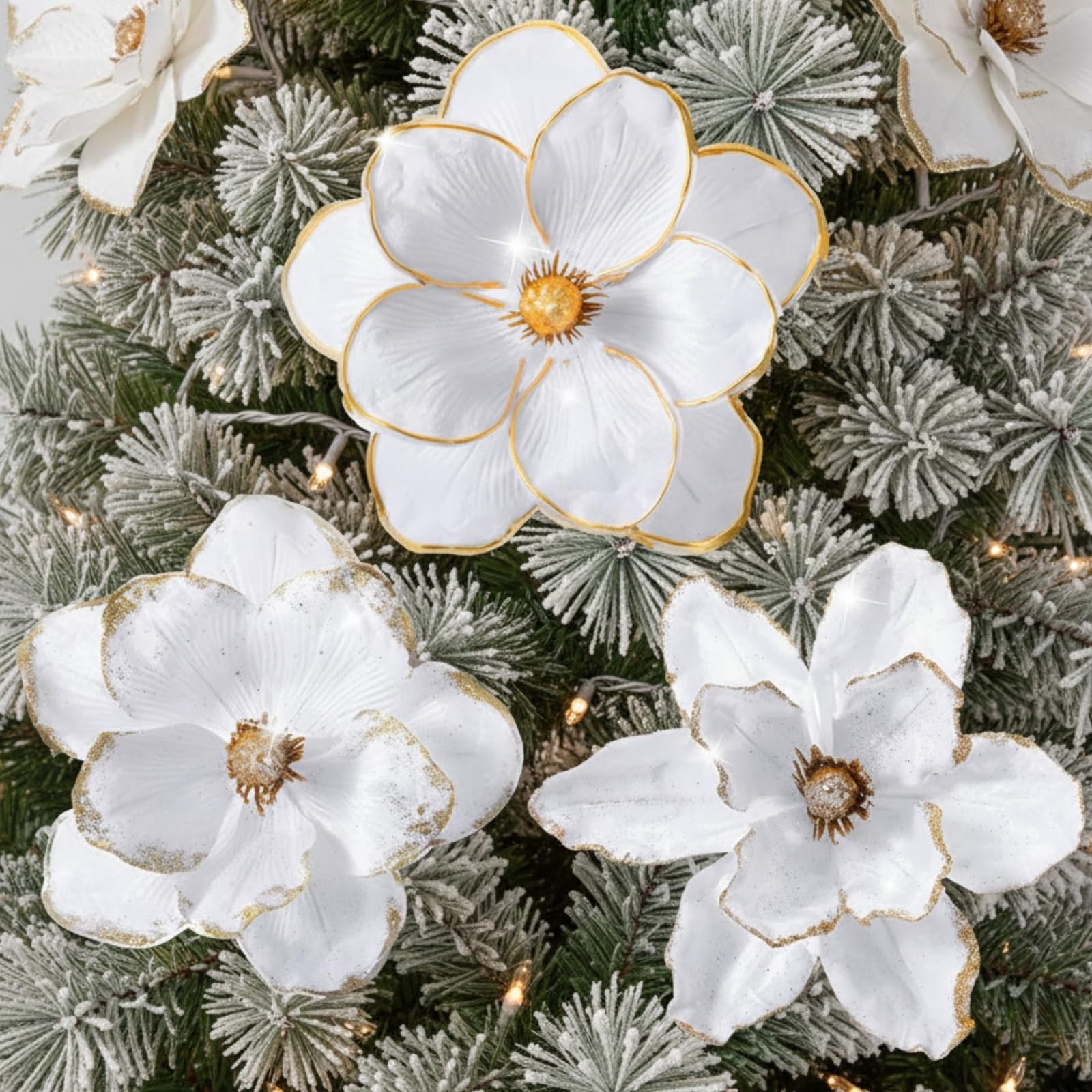 12 Pcs 9 Inch Large Velvet Christmas Magnolia Flower White Artificial Decor