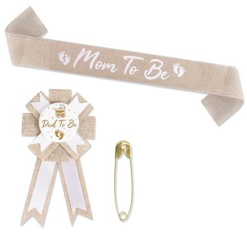 Rustic Boho Mom to Be Sash & Daddy to Be Badge Pins for Baby Shower Gender Revea