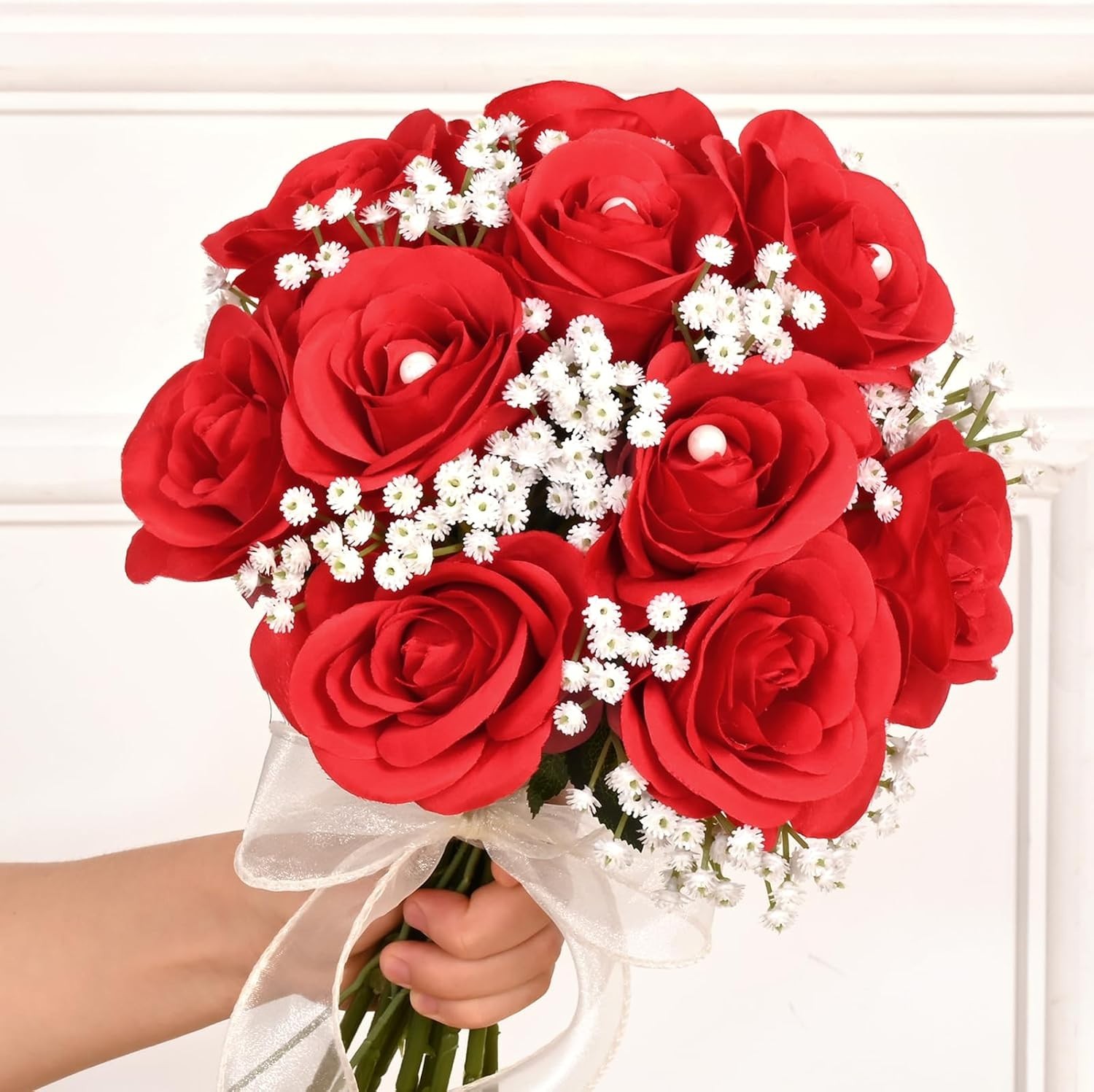 10 Pcs Red Artificial Roses Silk Flowers Long Stems Wedding Bouquet DecorRed…