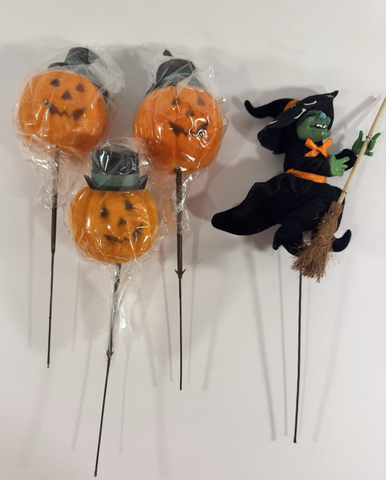 Halloween Floral Picks Pumpkin Face Blow Mold Flocked Jack-O-Lantern & Witch