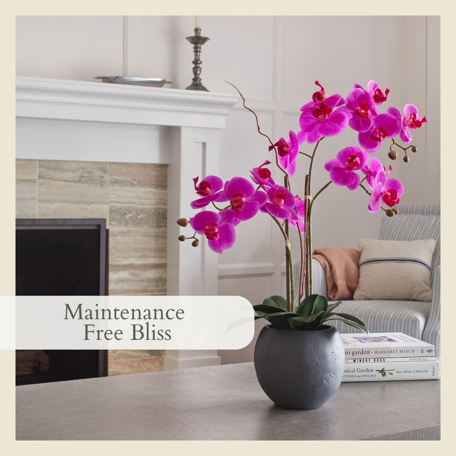 Faux Pink Orchid Plant, Premium Artificial Indoor Flower Display Stands 25-In…