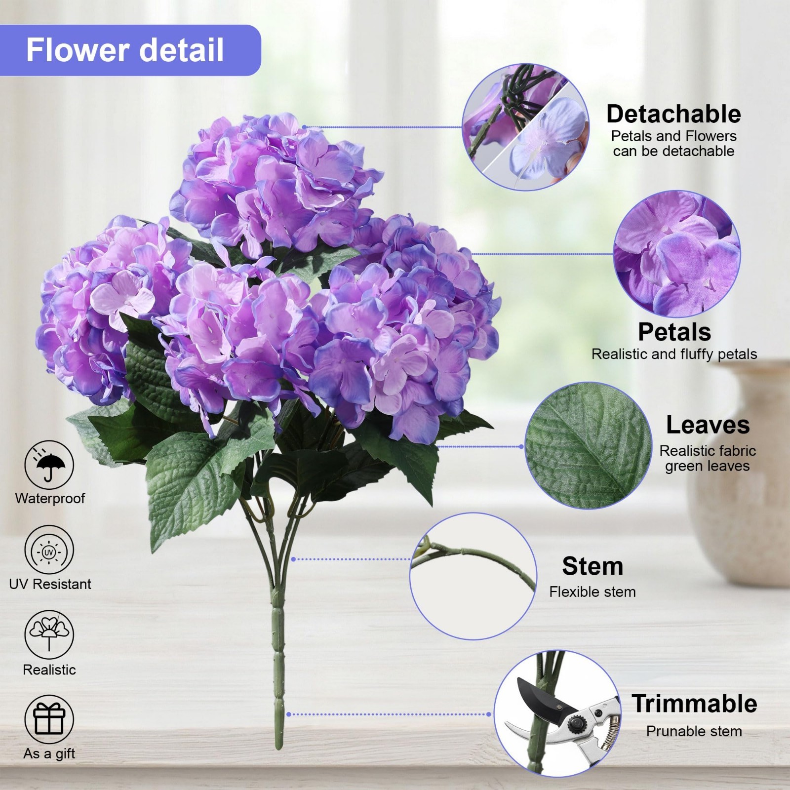 4 PCS UV Resistant Purple Blue Fake Silk Hydrangea Stems – Realistic Faux Flower