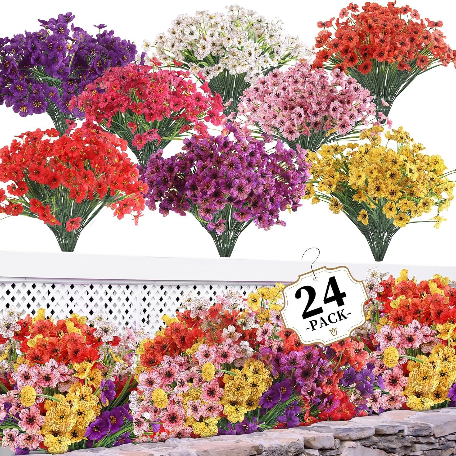 24 Bundles Artificial Flowers for Outdoors/Indoors, Fake Flowers Plants for I…