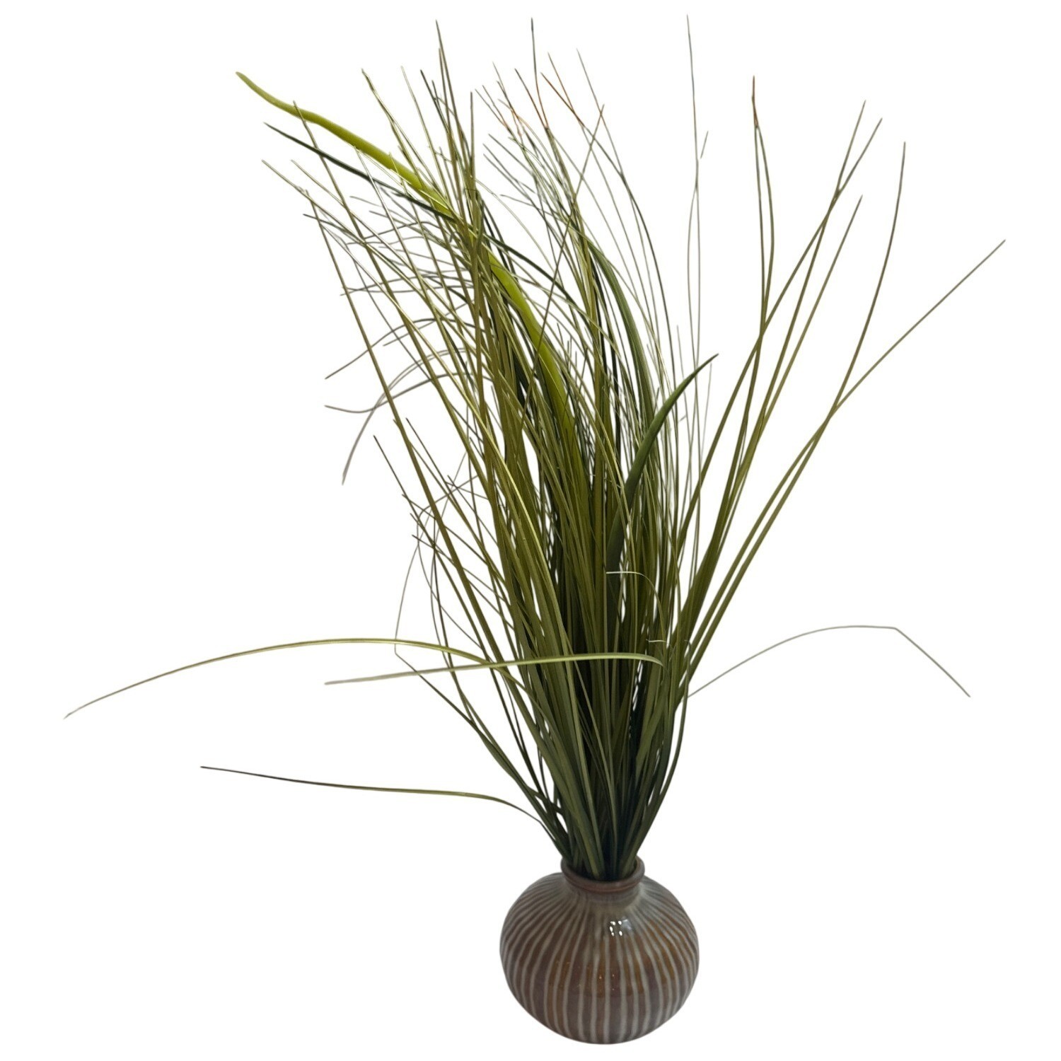 Artificial Grass In Striped Ceramic Vase Decorative Accent Greenery Arrangement
