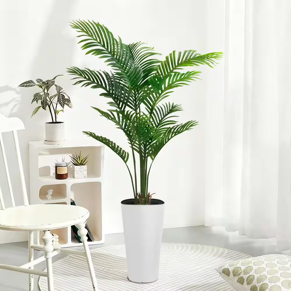 5 Ft Artificial Palm Tree White Pot with Real Bark Design Faux Areca Palm Tree f