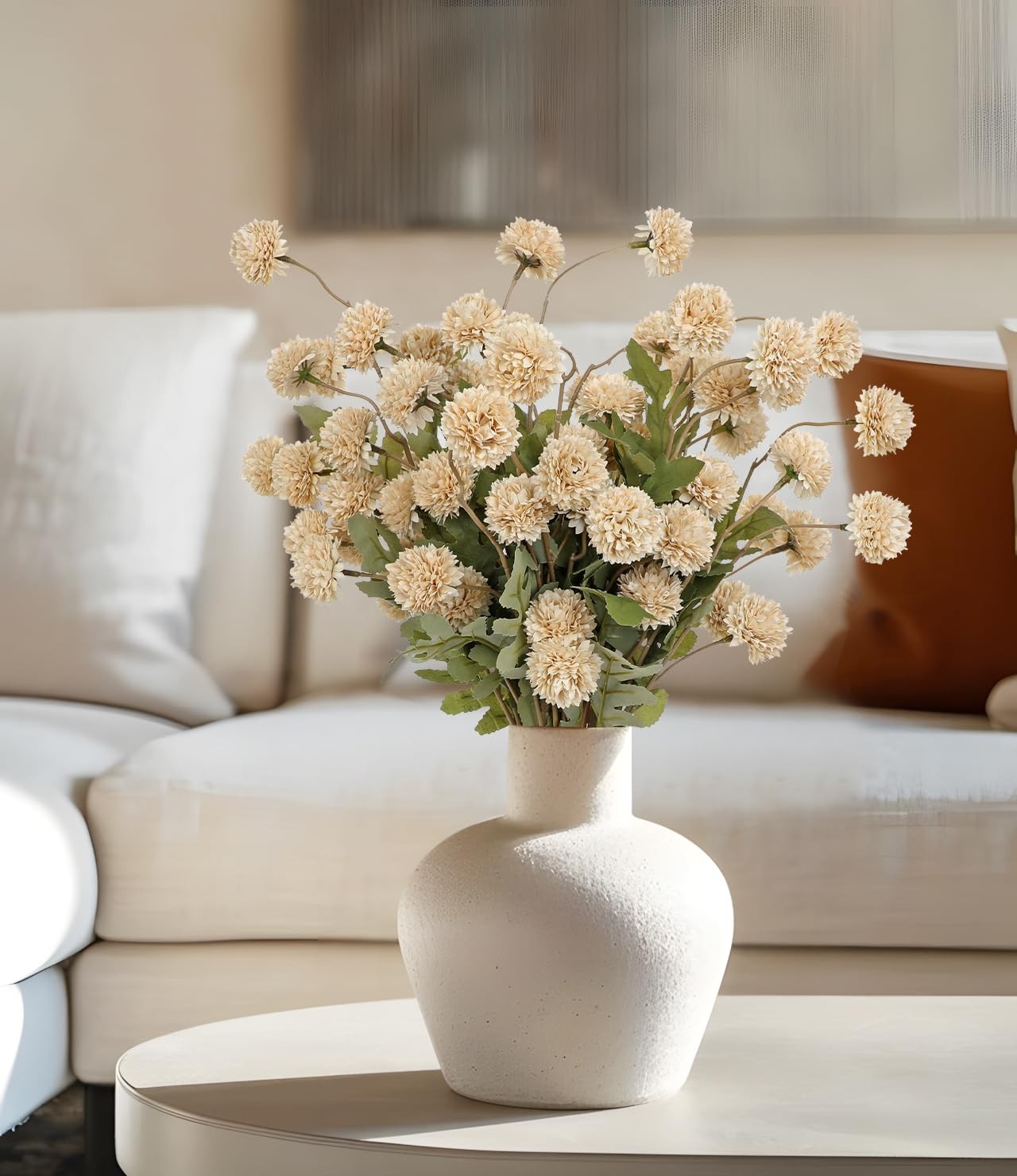 12pcs Artificial Pompom Mums Flowers Fall Beige Faux Chrysanthemums