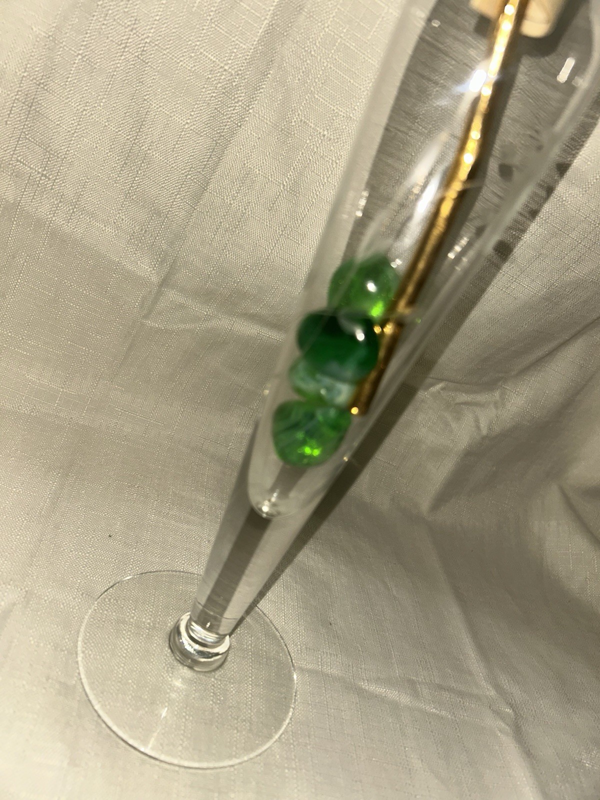 24K Gold Trimmed Real Peach Forever Rose Crystal Vase Green Glass Keepsake