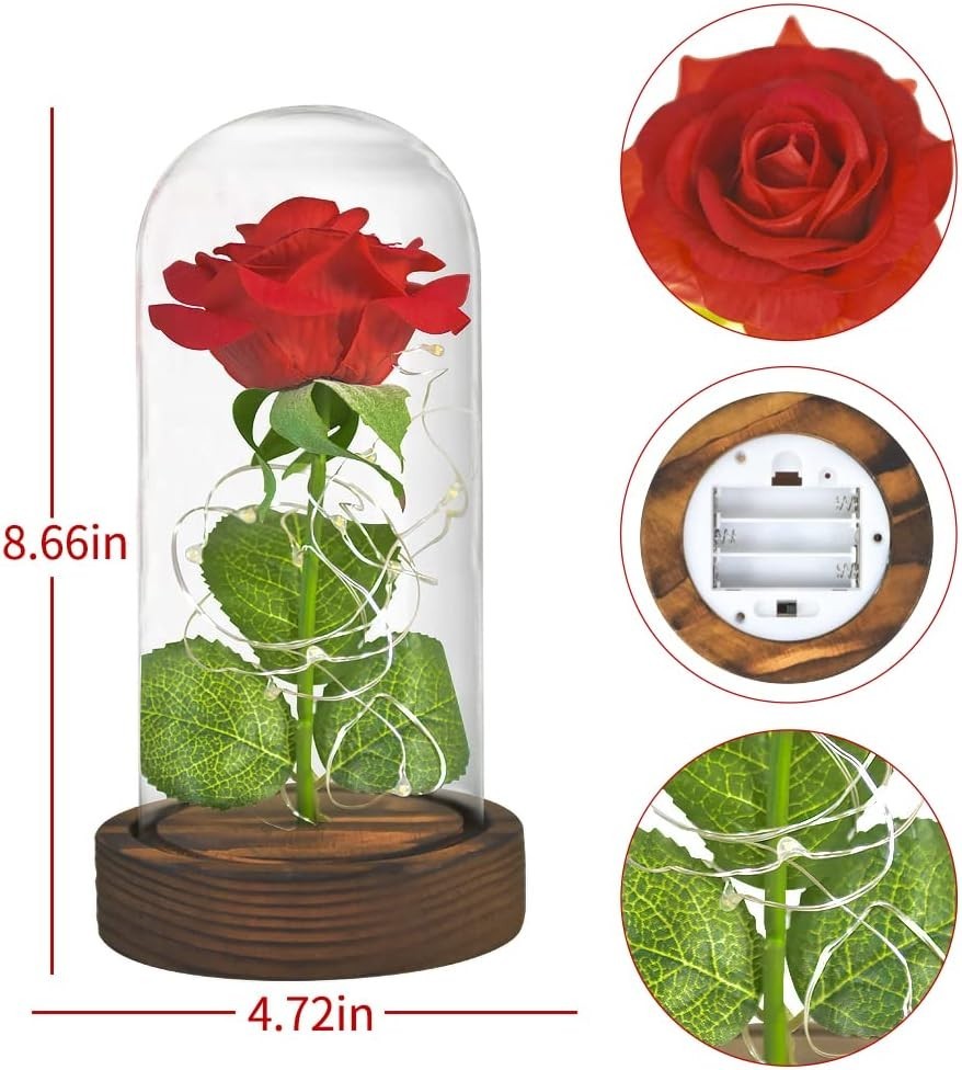 Eternal Red Rose in Glass Dome with LED Lights – Light Up Artificial Rose Déc…