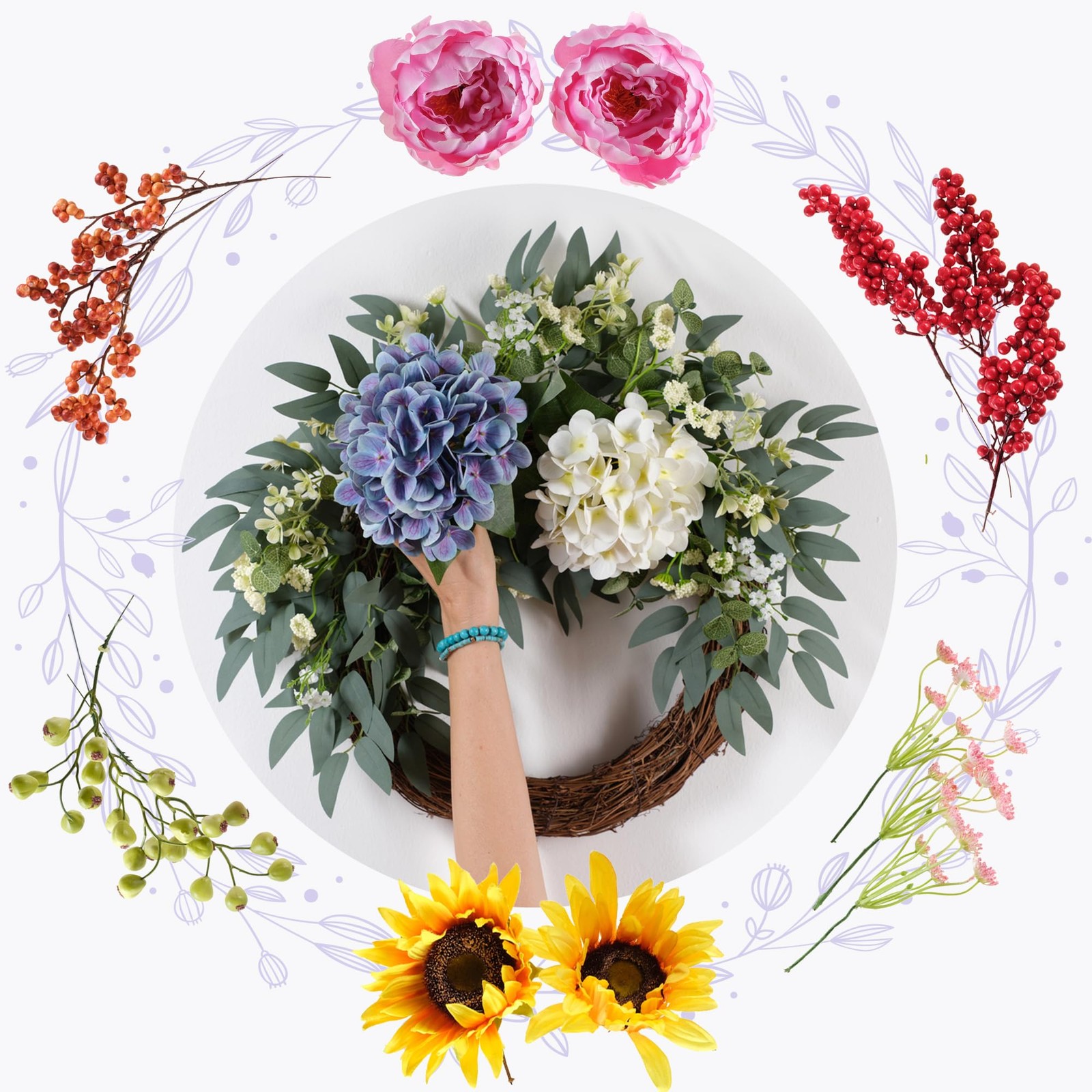 All-Season Interchangeable Grapevine Wreath – DIY Kit with Faux Silk Flowers,…