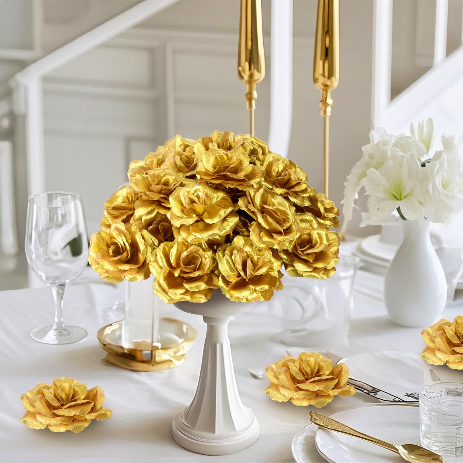 100 Pcs 3.5 Inch Gold Artificial Rose Heads with Stems, Silk Rose Faux Flower…