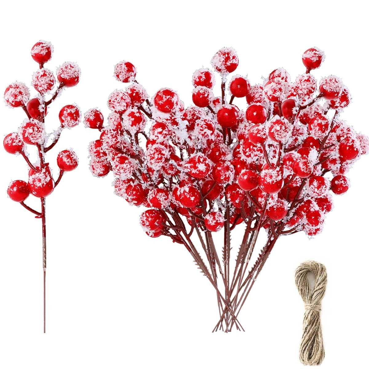 24 PCS Artificial Holly Berry Stem Picks with Snowflake Glitter Christmas Tre…